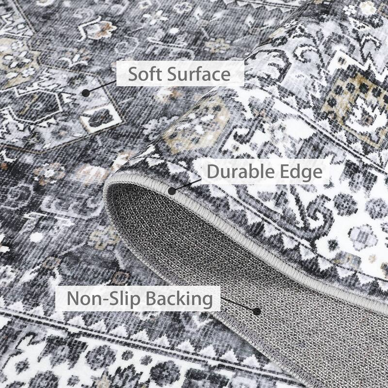 Washable Rug Vintage Medallion Area Rugs for Living Room Bedroom, Non-Skid Low Pile Floral Rug Soft Foldable Rug