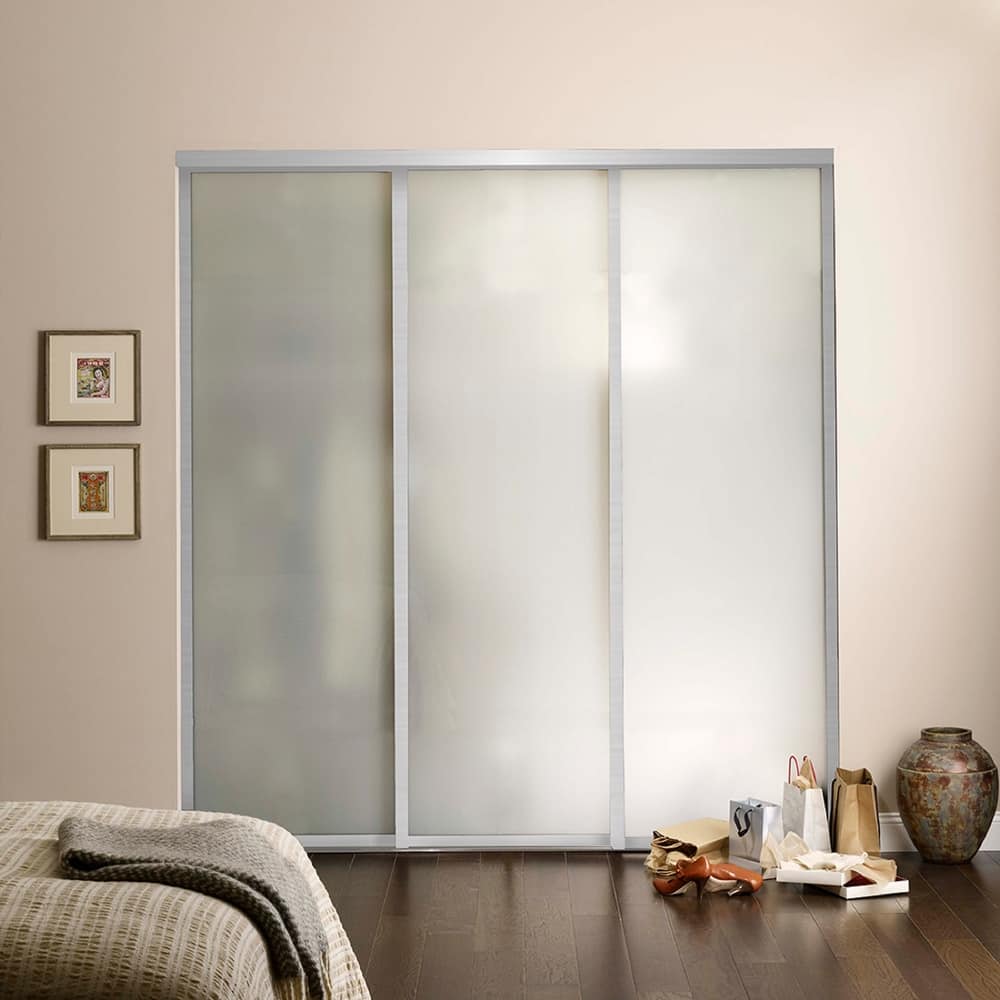 THE SLIDING DOOR COMPANY 3 Panel, Sliding Closet Doors, Frosted Glass, Aluminum Frame on triple track.