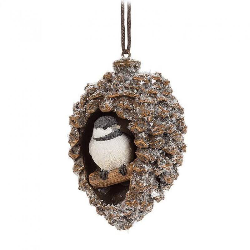 Set Of 3 Assorted Birds In Pinecone Ornaments - Resin - Multi