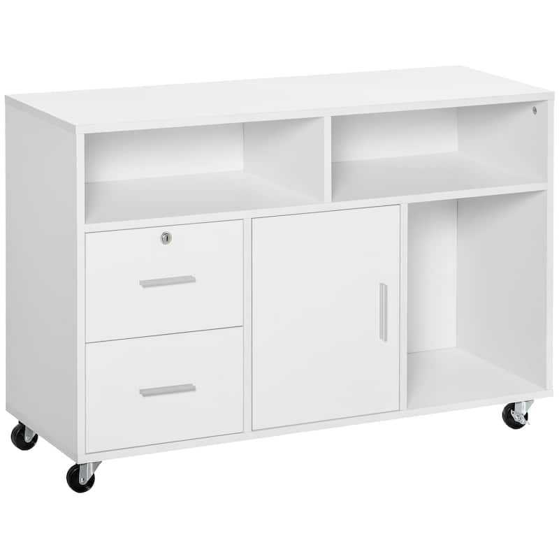 HOMCOM Printer Stand: Mobile Office Cabinet Organizer with Wheels and Drawer, White