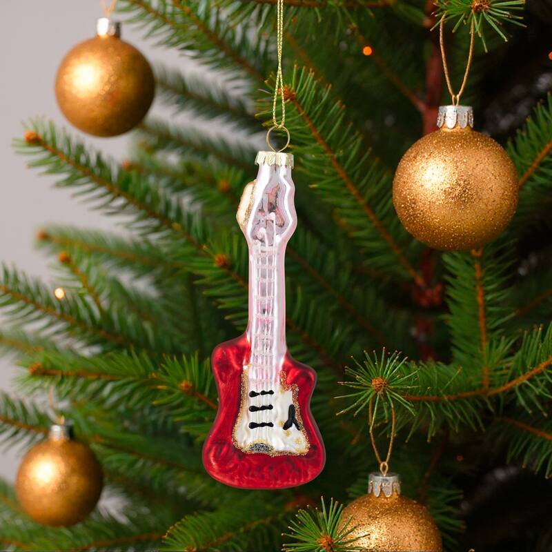 Glittered Bass Guitar Glass Christmas Ornament - 5.25" - Red and Gold