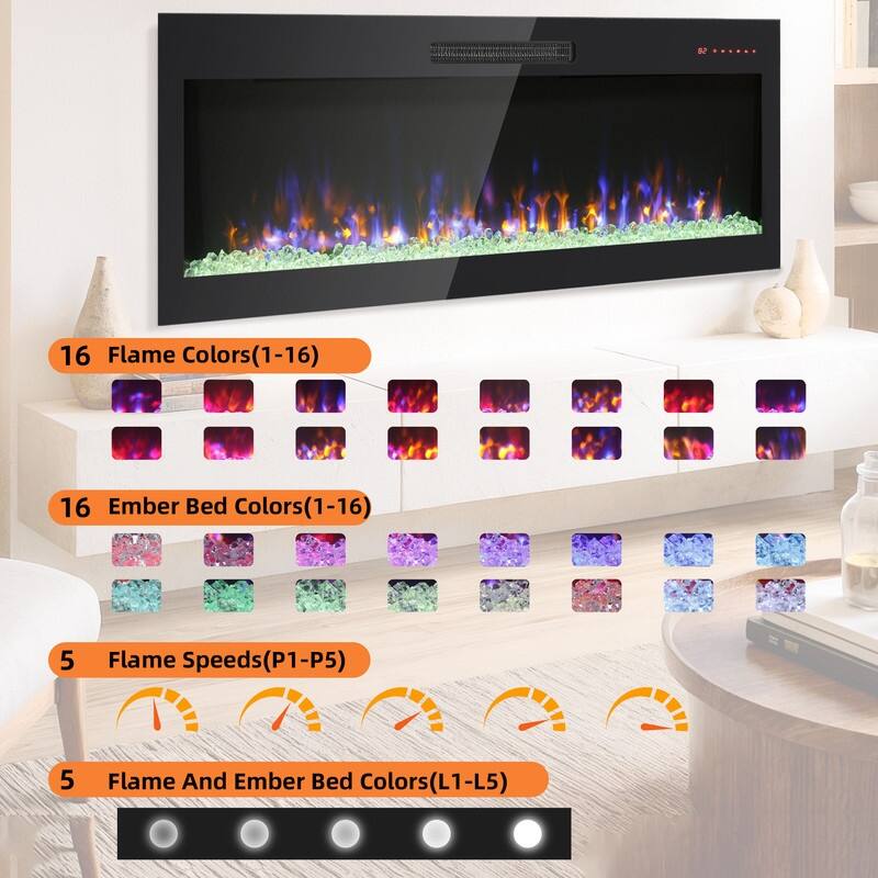 41.3/50/60 in. Wall Mount Recessed Electric Fireplaces in Black, Tempered Glass, Flame Effect, Multi-Color, Remote,1400-1500W