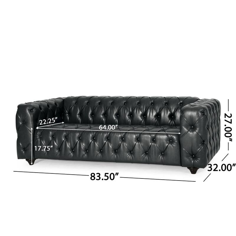 Black 83.5" PU Leather 3-Seater Sofa with Button-Tufted Back, Wide Armrests, and Vintage Wood Legs