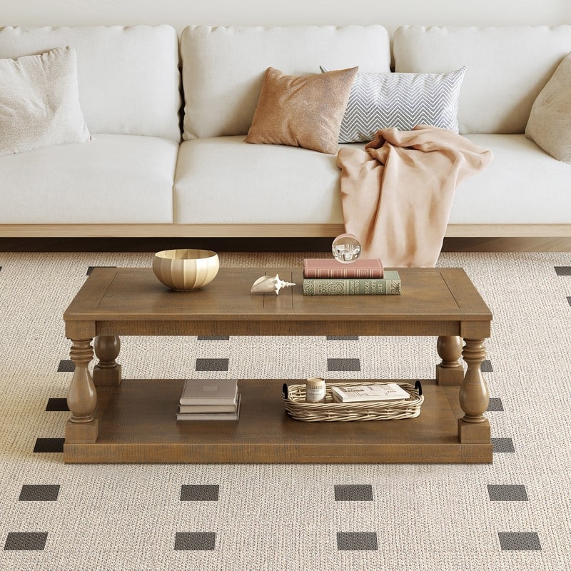 Vintage 45.2" Solid Wood Coffee Table with Open Shelf
