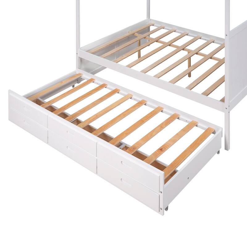 Queen Size Canopy Bed Wood Frame Platform Bed with Twin Size Trundle