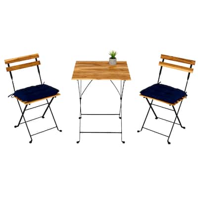 Patio PE Wicker Folding Chair, Teak Wood Bistro Chair Set with One Table, Two Chairs and Two Waterproof Cushions