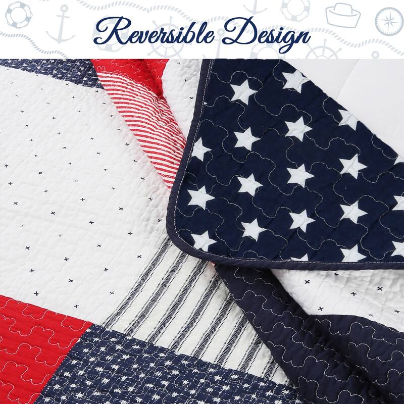 Cozy Line Patriotic Patchwork Plaid Red White Blue Reversible Cotton Quilt Bedding Set