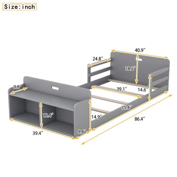 dimension image slide 1 of 2, Twin Size Floor Kids Bed Frame with Storage Footboard and Guardrail, Grey