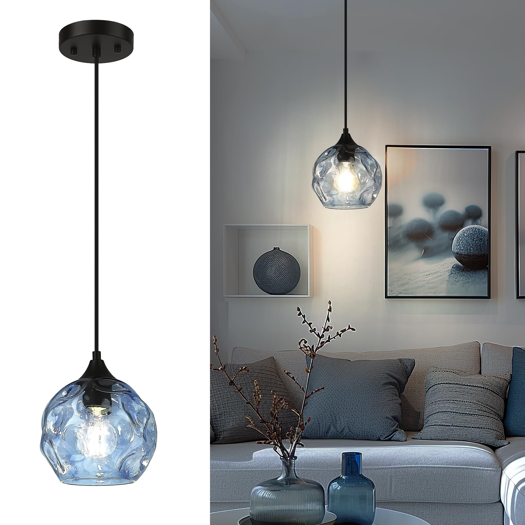 1-Light Blue Hammered Glass Modern Pendant
