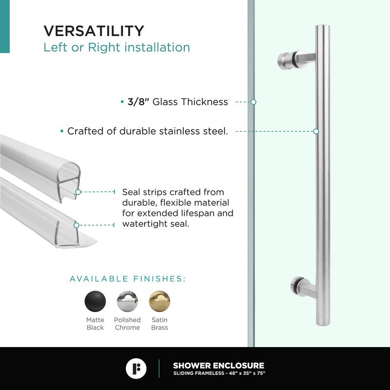 Fine Fixtures Frameless Shower Enclosure Sliding Shower Glass Door - Tempered Glass