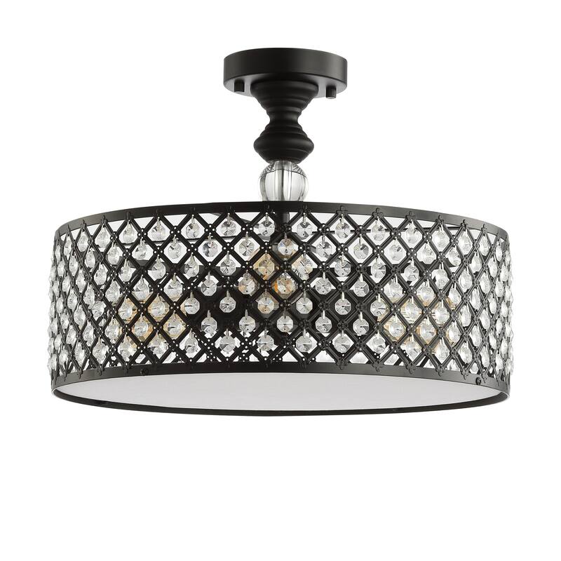 Ilsa 17" 3-Light Crystal/Metal Drum Semi-Flush Mount, Black by JONATHAN Y