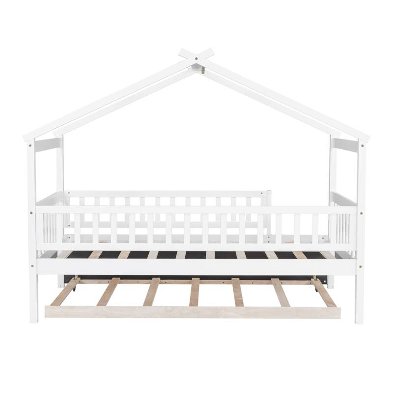 Pine House Bed with Trundle, Guardrail & Roof