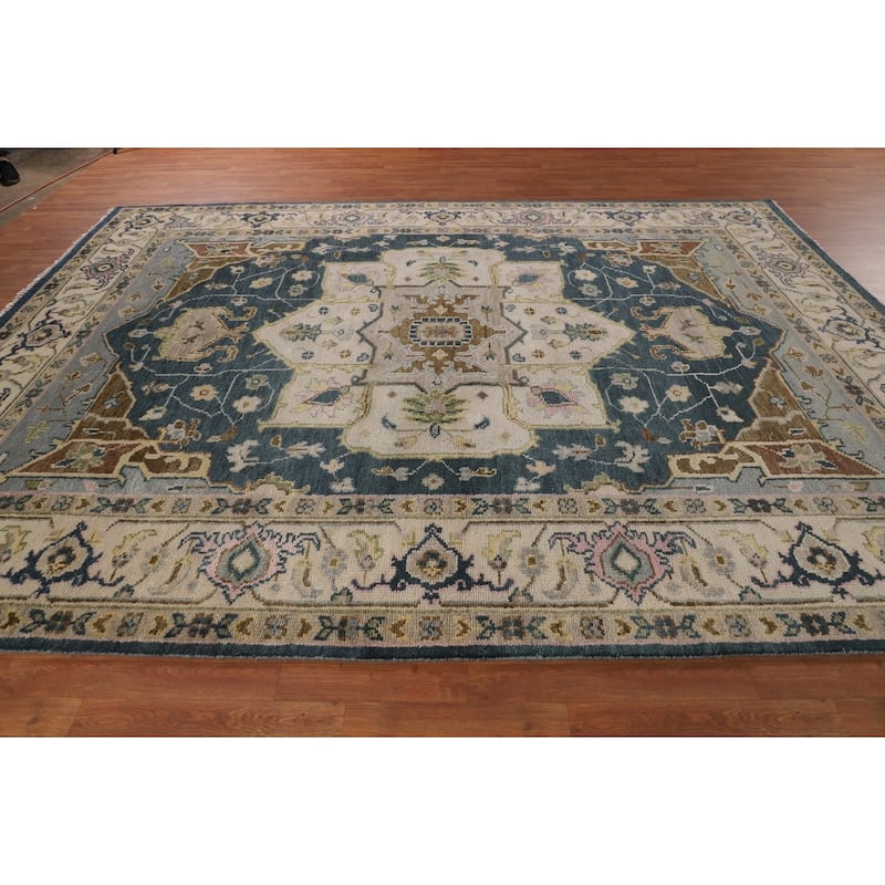 Geometric Heriz Serapi Indian Area Rug Handmade Blue Wool Carpet - 8'11" x 11'10"