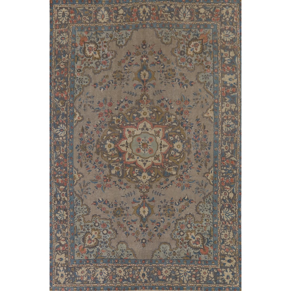 Tabriz Vintage Persian Area Rug Hand-Knotted Floral Grey Wool Carpet - 8'9" x 12'8"