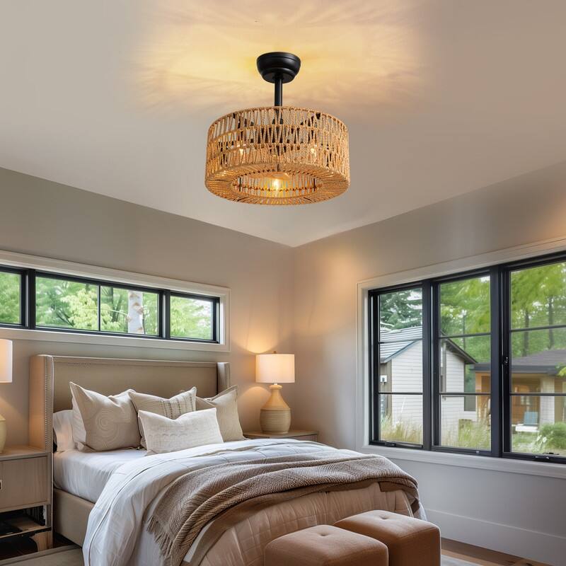18 in. Boho Caged Ceiling Fan with Light Rattan Farmhouse Fandelier Low Profile Ceiling Fan for Bedroom Kitchen Living Room