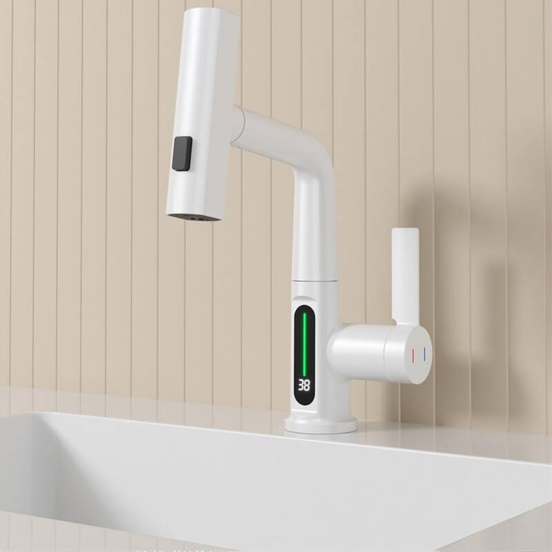 Single Handle LED Bathroom Faucet with Pull-Out Lift Waterfall Smart Temperature Digital Display Bathroom Sink Faucet White
