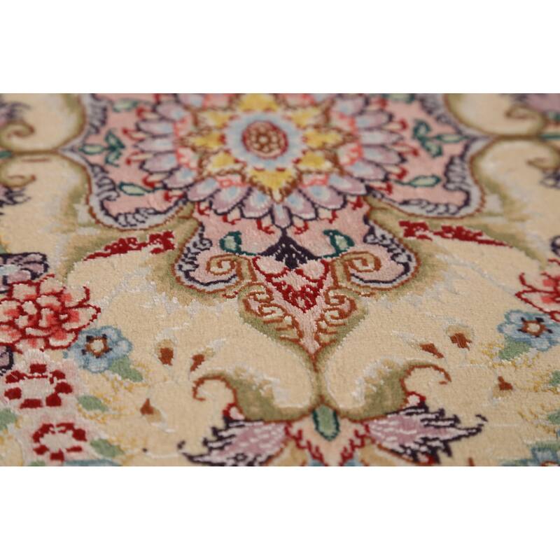 Hand Knotted Oriental Wool & Silk Carpet Traditional Floral Beige & Ivories Tabriz Area Rug - 10' 4'' X 6' 6''