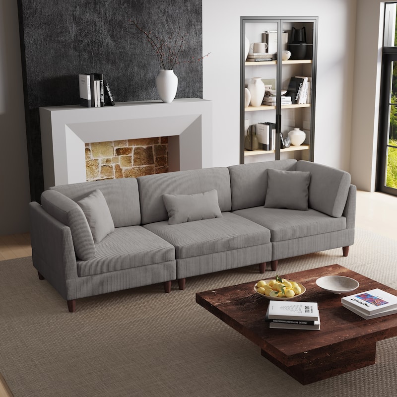 Corduroy Modular Sectional Sofa Set With Pillows - Light Grey-3 Piece