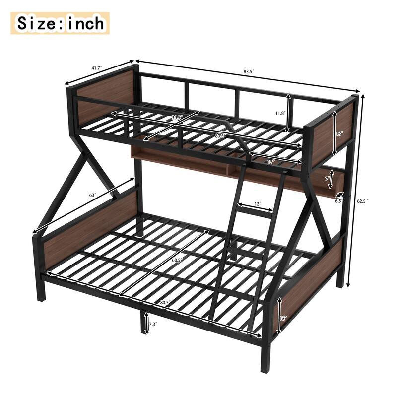 Twin XL over Queen Bunk Bed, Metal Bunk Bed with Storage Shelves and Lights, Space-saving & Noise-free Design, Black