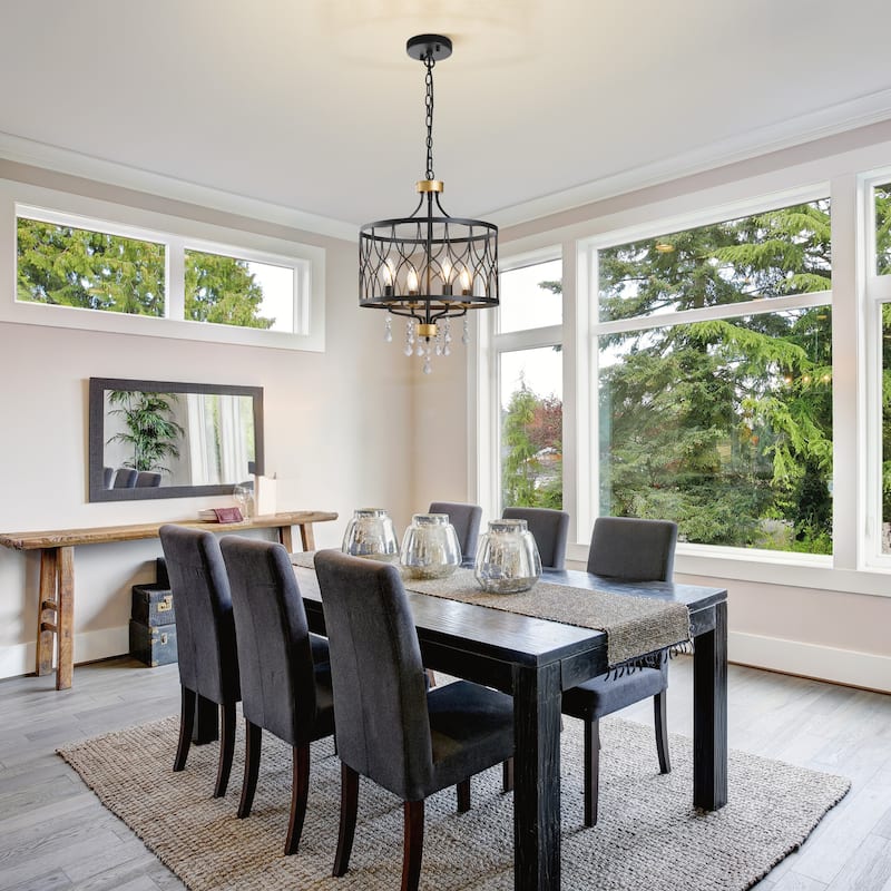 Modern Farmhouse Chandelier Dimmable Black and Gold Drum Chandeliers Light Fixture for Dining Room Living Room