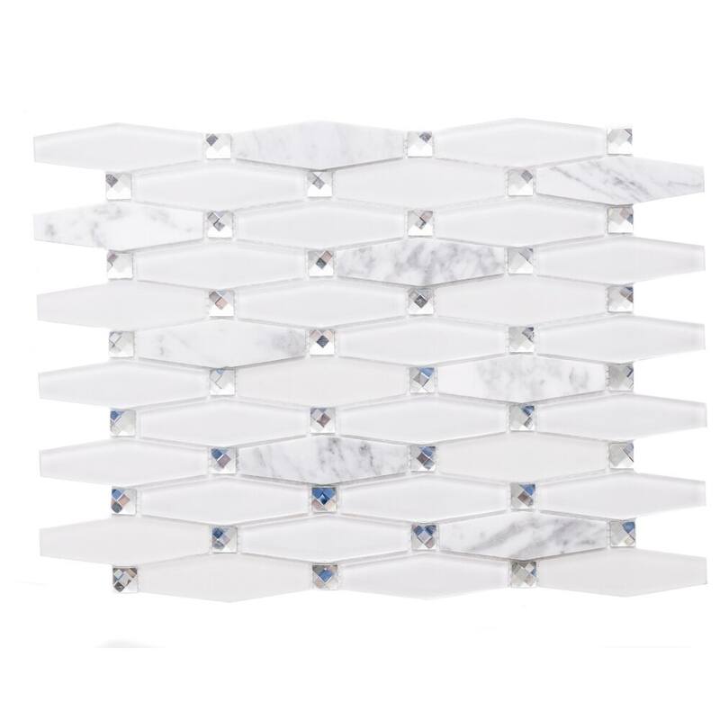 The Tile Life Carrara Diamond 12x12 White Polished Glass Mosaic Wall & Backsplash Tile