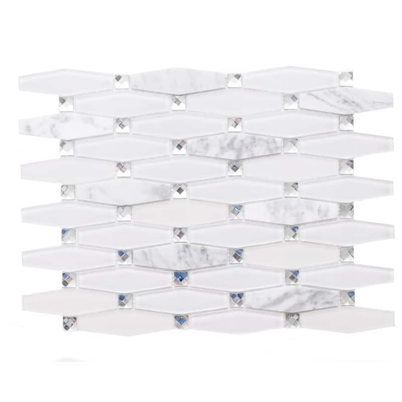 Carrara Diamond 12x12 White Polished Glass Mosaic Tile - Wall, Backsplash - 4 x 4 Sample - White