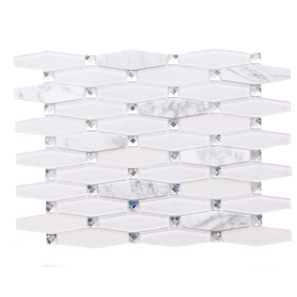 Carrara Diamond 12x12 White Polished Glass Mosaic Tile - Wall, Backsplash