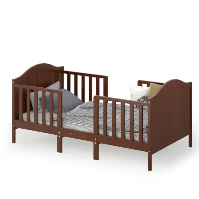 2-in-1 Classic Convertible Wooden Toddler Bed with 2 Side Guardrails for Extra Safety - Brown