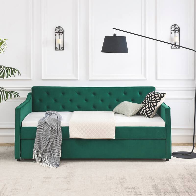Roomfitters Twin Upholstered Daybed with Twin Trundle, Tufted Backrest and Elegant Waved Arms - Green - Twin