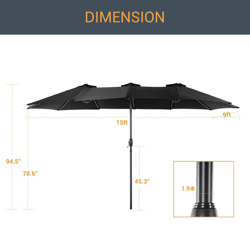 LIVOOSUN 15×9FT Double-sided Patio Umbrella with UPF50+, Handle Control, and Wind-Resistant Design——Experience Outdoor Comfort
