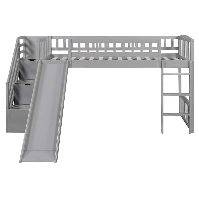 Stairway Twin Size Loft Bed with Two Drawers and Slide