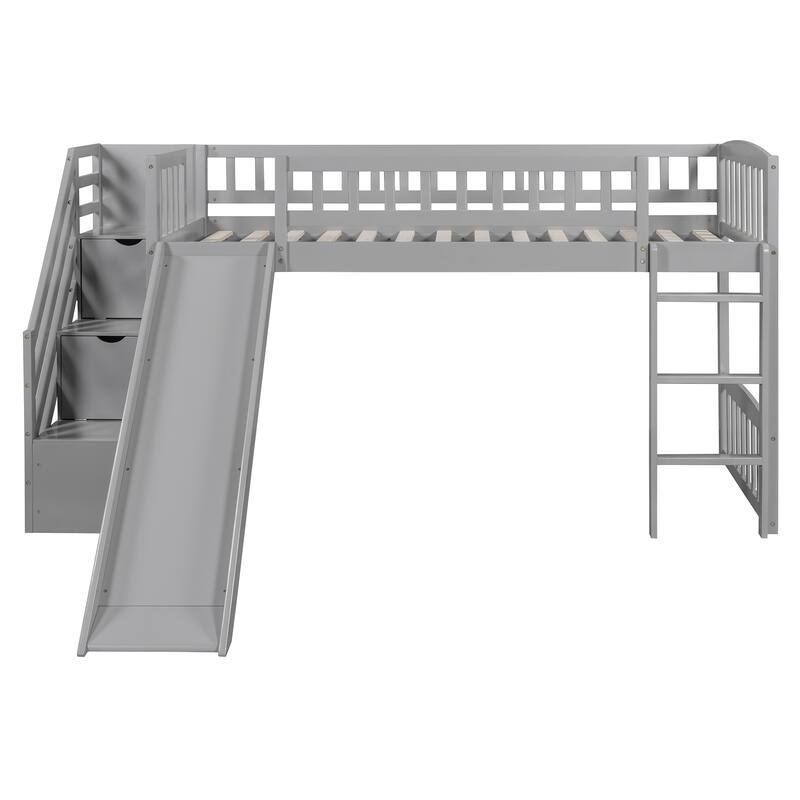 Twin Size Loft Bed with Drawers, Slide, and Staircase, Gray