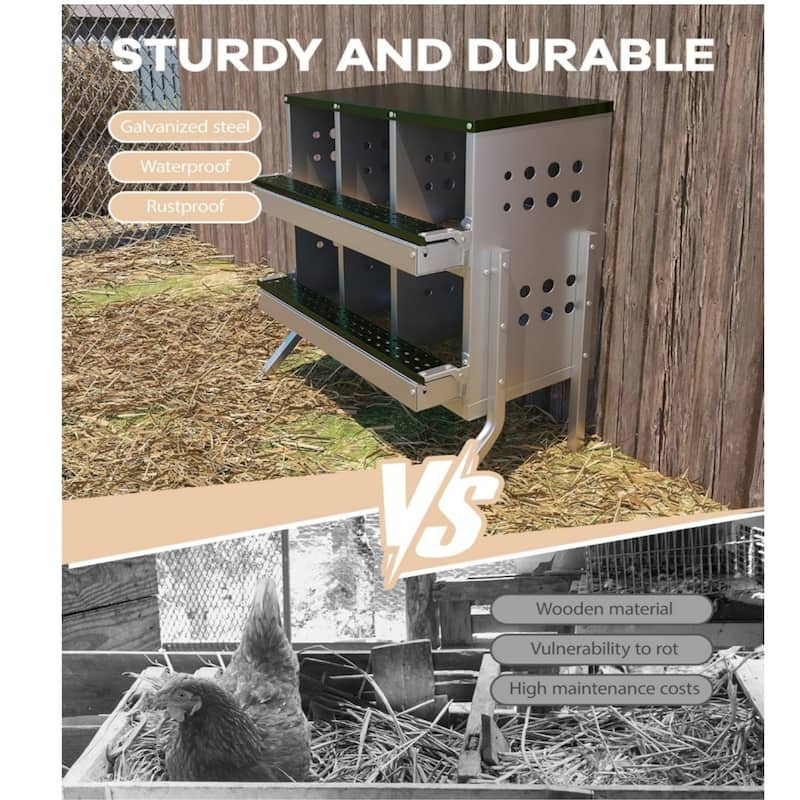 6-Compartment Chicken Nest Box Hens Laying Nest with Metal Legs and 8 Fake Training Eggs Red