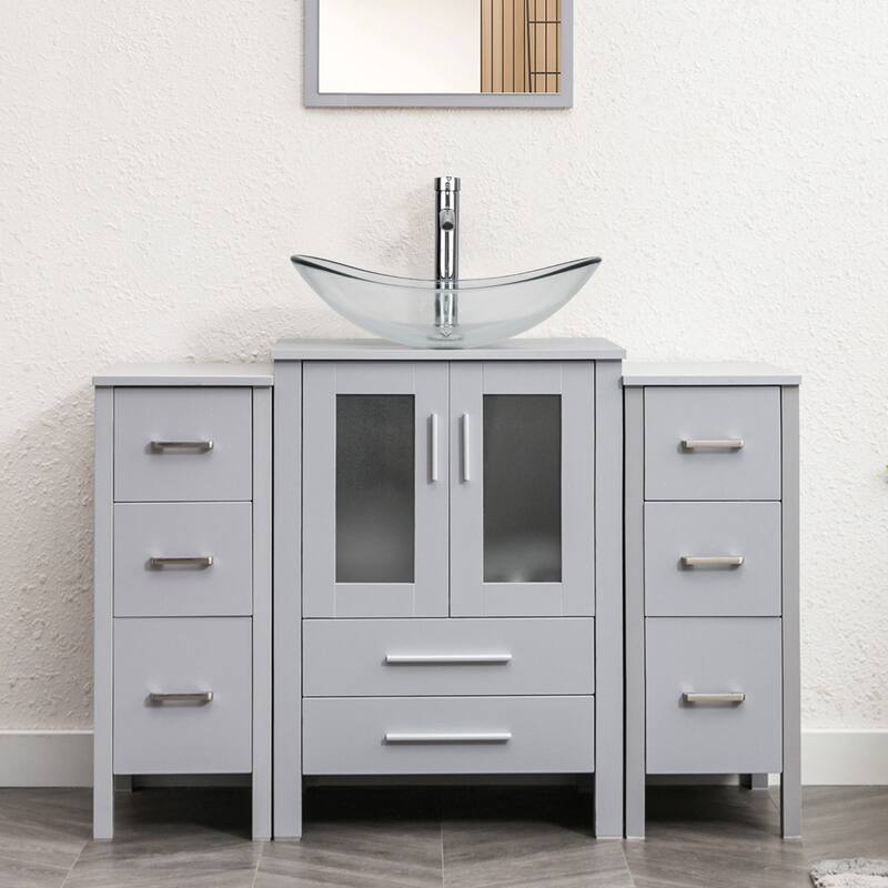 48" Bathroom Vanity Set Vessel Sink Faucet W/ Small Cabinet Combo - Glass clear boat sink - Grey