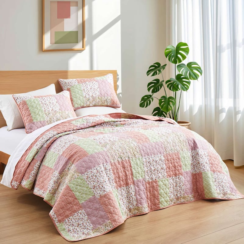 3 PCS Printed Coverlet Set Floral Geometric Bedspread Reversible Quilt and Shams Set
