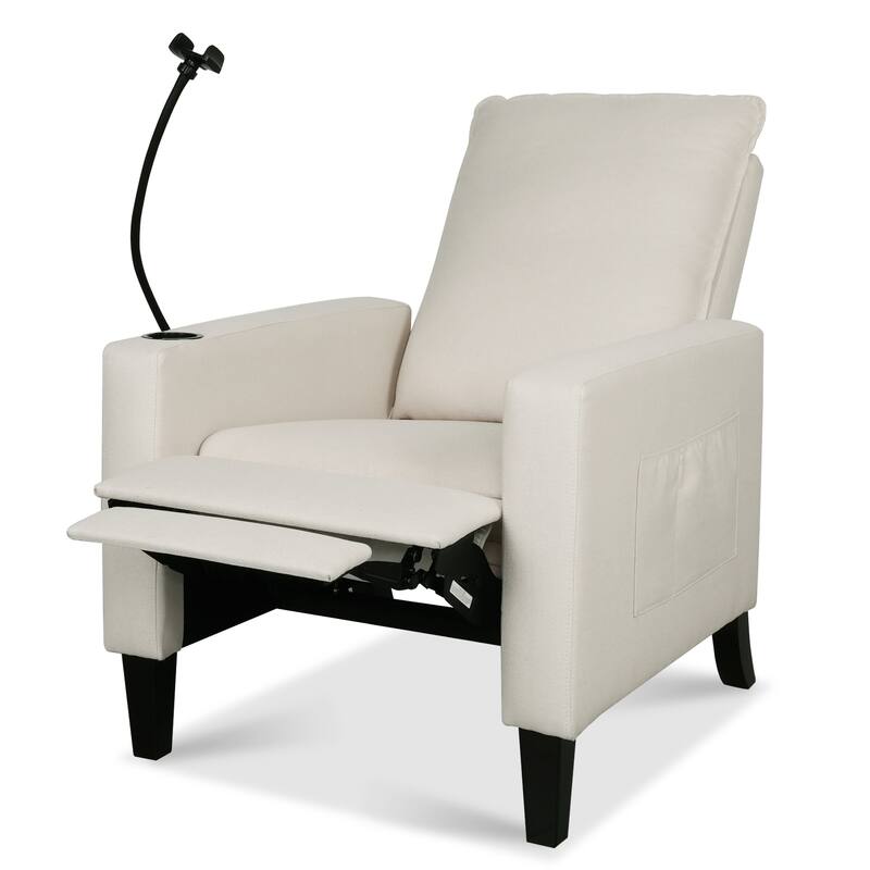 Beige Modern Fabric Manual Adjustable Recliner Chair with Mobile Phone Holder, Cup Holder, and Footrest