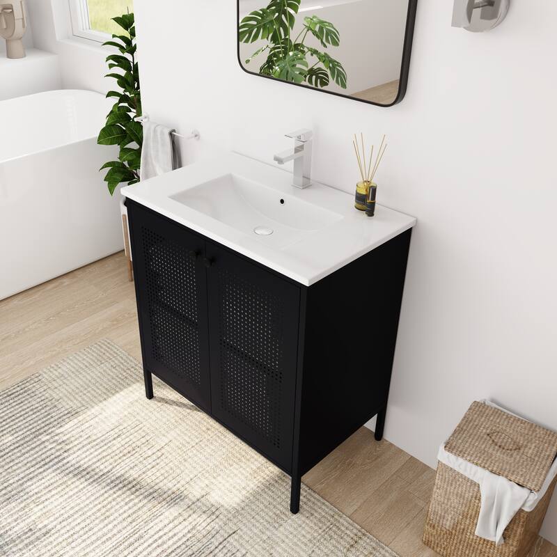30-Inch Modern Freestanding Bathroom Vanity with Ceramic Sink, Cold-Rolled Steel Frame, Adjustable Shelves - 30in L Steel