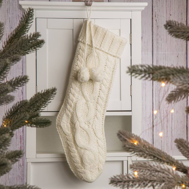 Glitzhome 24"L Knitted Christmas Stocking With Pom Pom Ball
