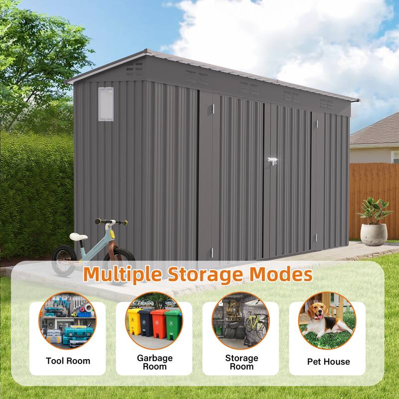 4 x 9 FT Outdoor Storage Shed, Metal Garden Shed Tool House with Sloping Roof,6 vents and 2 Swing Doors