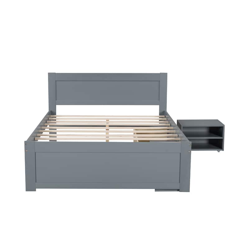 Full Size Modern Platform Bed with Drawer and Two Storage Shelves