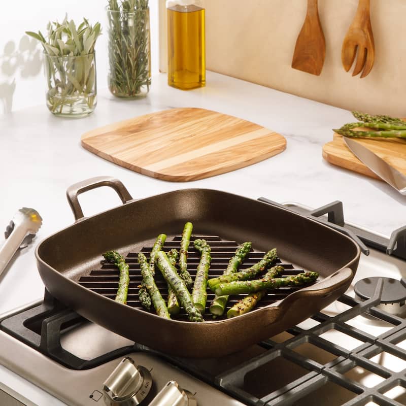 Bloomhouse Natural Bronze Finish Pre-seasoned Cast Iron Grill, Everyday Pan, Skillet & Olive Wood Trivet