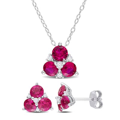 Miadora 3 1/3ct TGW Created Ruby & Created White Sapphire 3-Stone Earrings & Necklace Set Sterling Silver