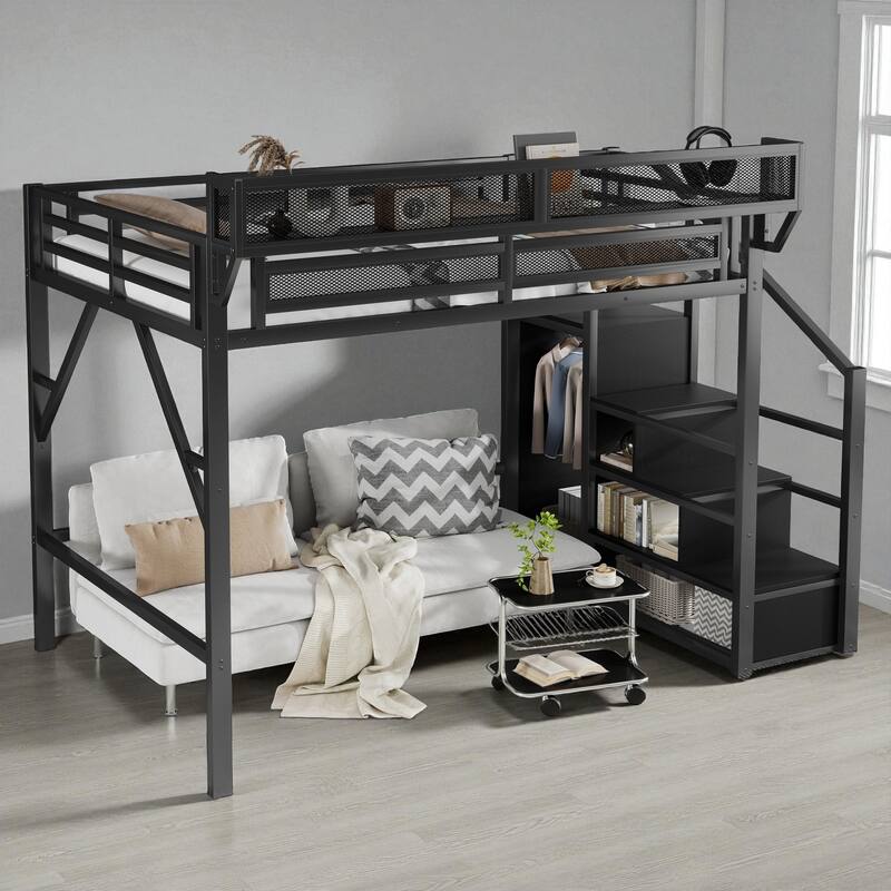 Full/Queen Size Metal Loft Bed with Stairs, Wardrobe, and Storage Shelves, High Loft Bed Frame for Kids and Teens