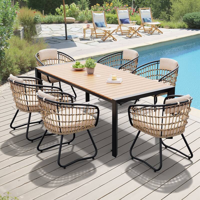 7-Piece Outdoor Patio Dining Set Aluminum Table with Umbrella Hole with Rattan Chairs