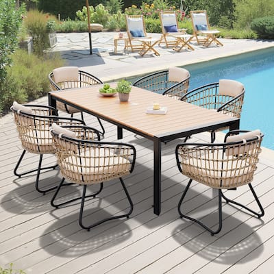 7-Piece Outdoor Patio Dining Set Aluminum Table with Umbrella Hole with Rattan Chairs