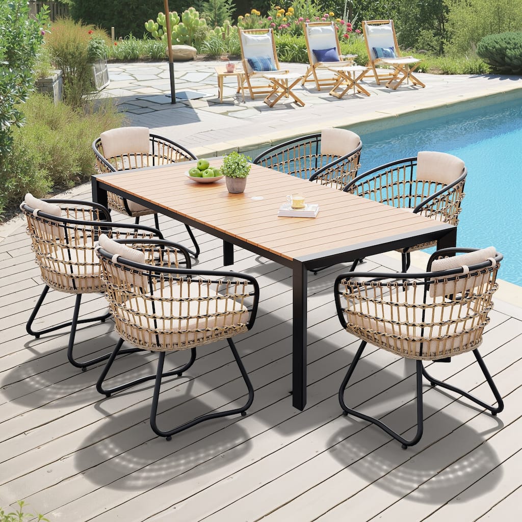 7-Piece Outdoor Patio Dining Set Aluminum Table with Umbrella Hole with Rattan Chairs