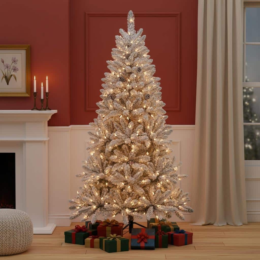 HomeRoots 7' White Pre Lit Full Flocked Fir Christmas Tree - 45.00 in. x 84.00 in. x 45.00 in.