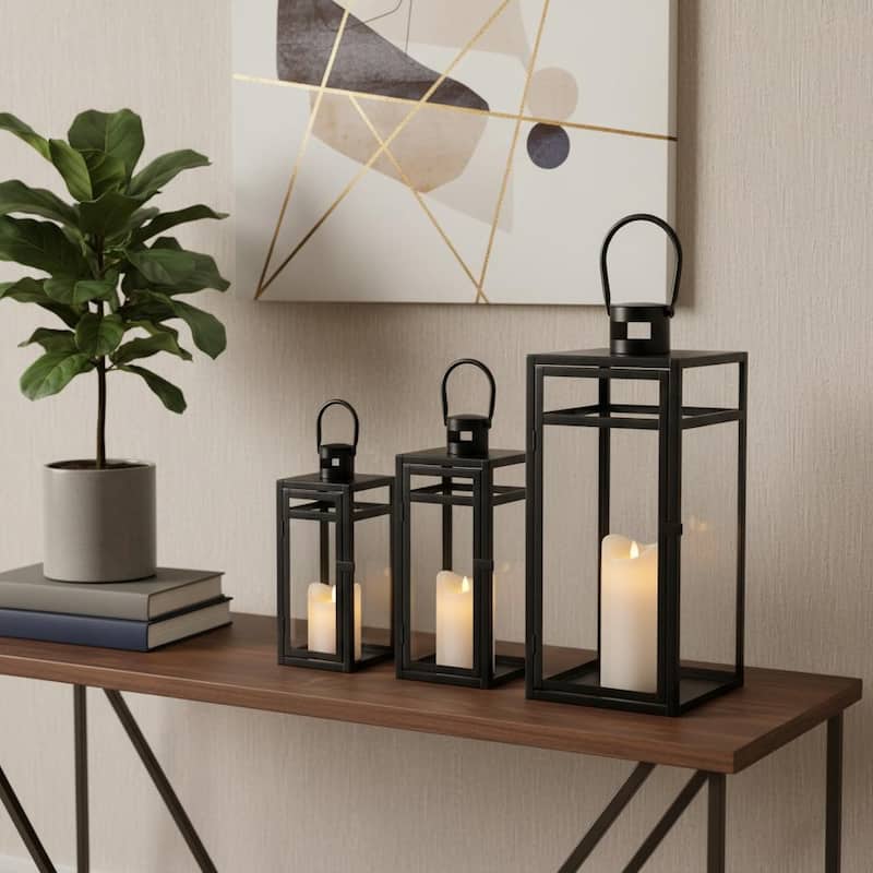 Set of Three Clear And Black Glass And Stainless Steel Tabletop Lantern Candle Holders - Clear/Black