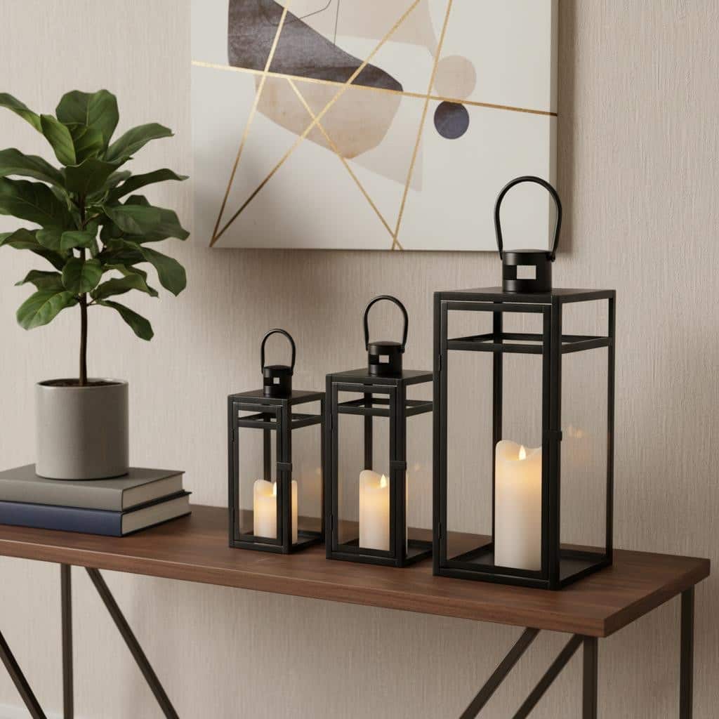 Set of Three Clear And Black Glass And Stainless Steel Tabletop Lantern Candle Holders