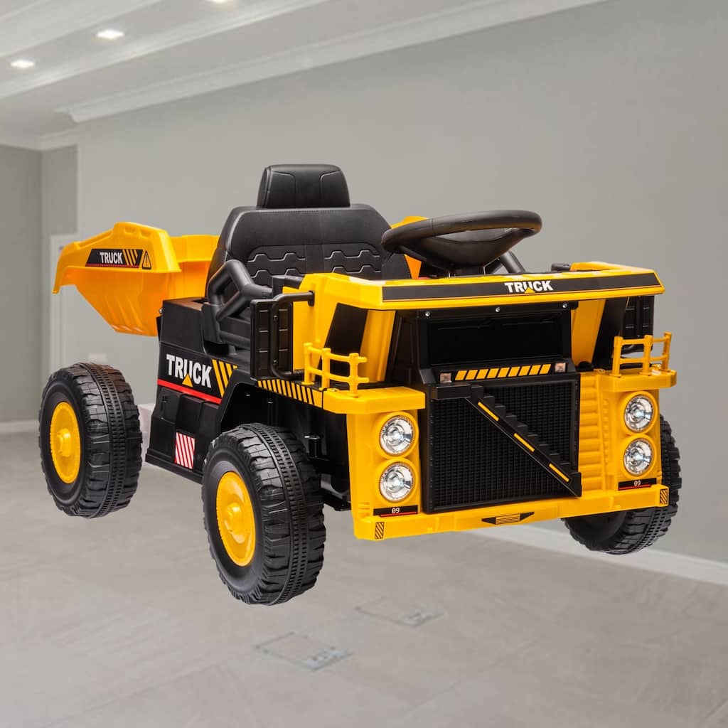 12V Kids Ride-On Dump Truck with Automatic Dump Bed, Spring Suspension, LED Headlights, Music Player, and Shovel - Yellow